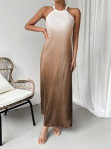 Breezaya Spring/Summer Fashionable Ombre Sleeveless Halter Neck Long Dress - Khaki - View 3