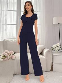 女式夏季心形印花短袖上衣和长裤家居服套装 - 藏蓝色 - 查看 5