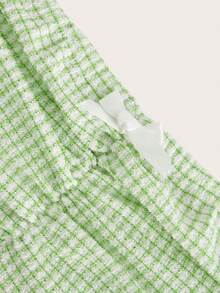 SHEIN EZwear 夏季休閒格子印花緊身無肩帶胸前褶皺管型上衣 - 綠色 - 查看 3