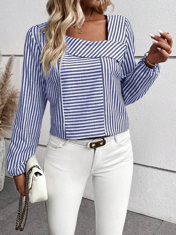 Women's Spring/Summer Striped Shirt With Asymmetrical Collar