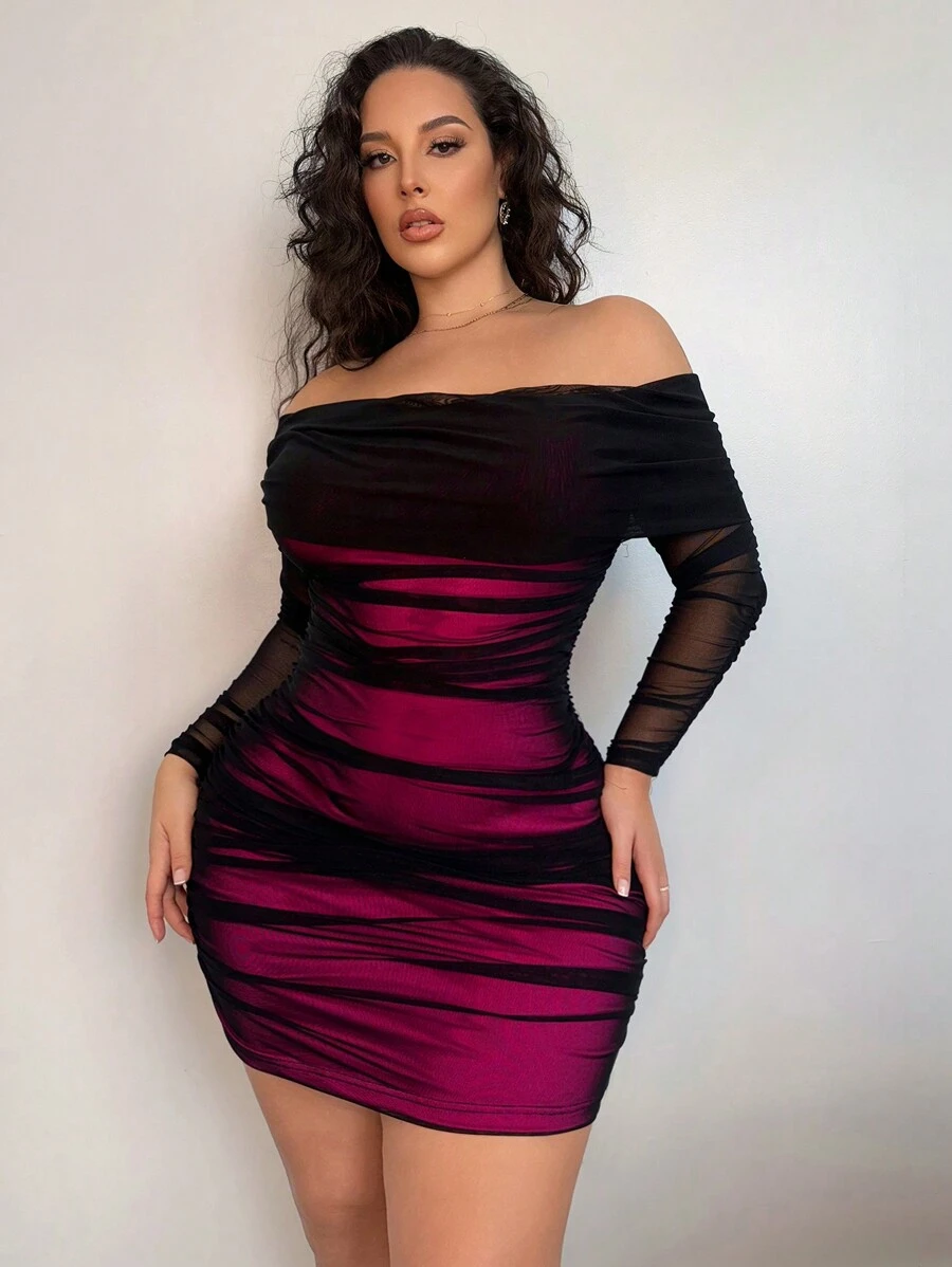 SHEIN SXY 女士大码露肩性感连衣裙 - 玫紅色 - 查看 1