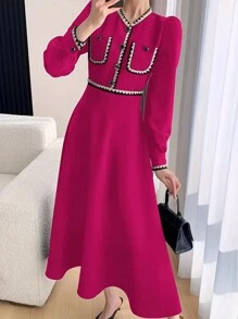 SHEIN LUNE Của phụ nữ Khối màu Thắt lưng Bong bóng Tay áo Dài Đầm - Màu Hồng Tươi - Xem 1