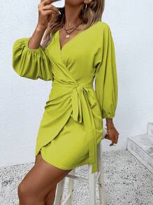 SHEIN Clasi Solid Color V-Neck Wrap Dress With Waist Belt - Mustard Yellow - View 3