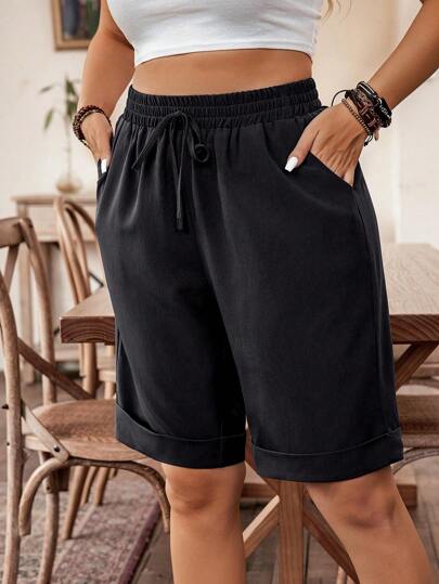 Calvaya Große Größen Gestrickte dehnbare Shorts mit Gürtel-Dekoration, elastischer geraffter Bund, gerippte Säume, Lässig Loungewear & Reise-Shorts