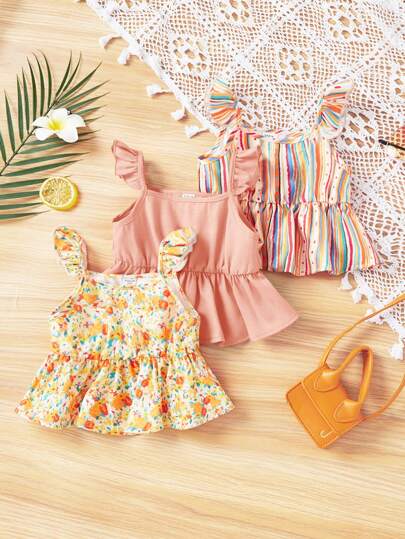 SHEIN Conjunto De 3 Peças Para Bebê Menina, Top Casual Com Flores E Listras E Mangas Com Babados