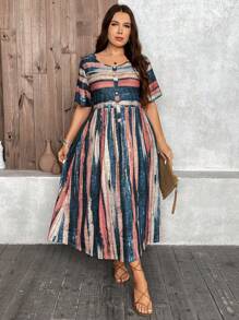 SHEIN LUNE Kích thước lớn Retro Mẫu sọc Ngắn tay Nút Lên Trang trí Mùa hè Đầm - Nhiều màu - Xem 1