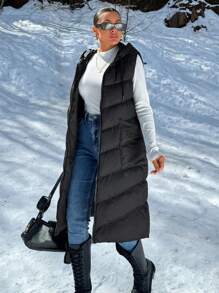 SHEIN Cottnline Solid  Zipper Double Pocket Hooded Quilted Vest - Black - View 1