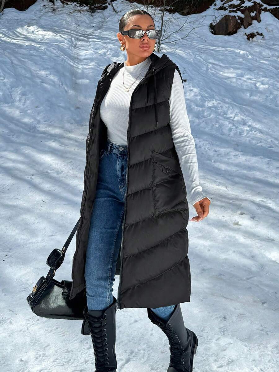 SHEIN Cottnline Solid  Zipper Double Pocket Hooded Quilted Vest - Black - View 1