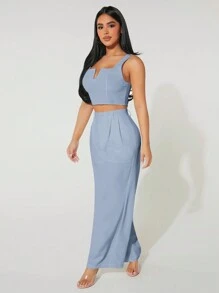 SHEIN PETITE Mùa hè giản dị Đi làm Ngắn Áo ba lỗ Và Rộng chân Quần Với Xếp - Màu xanh nhạt - Xem 6