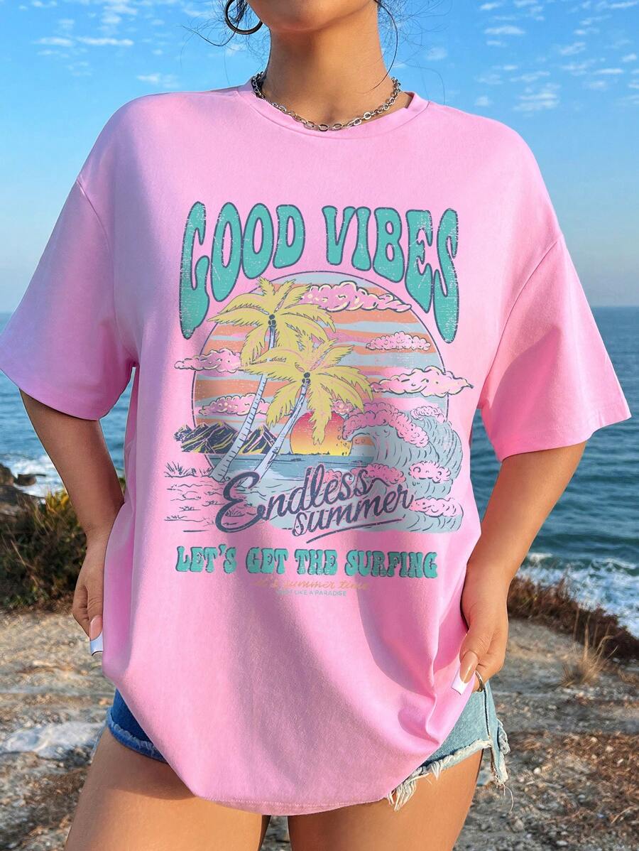 SHEIN EZwear T-shirt décontracté à manches courtes, col rond, imprimé de lettres pour les vacances à la plage, coupe ample, adapté à l'été, en mélange de coton - Rose pâle - Voir 1