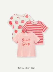 Cozy Pixies 寶寶女孩卡通草莓和條紋圓領短袖T恤3件套裝 - 粉色 - 查看 1
