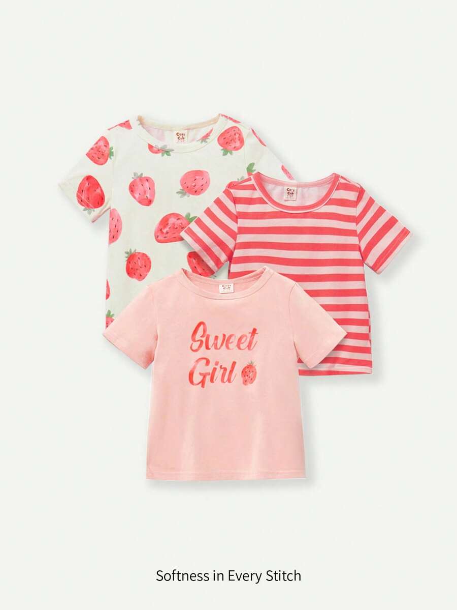 Cozy Pixies 寶寶女孩卡通草莓和條紋圓領短袖T恤3件套裝 - 粉色 - 查看 1