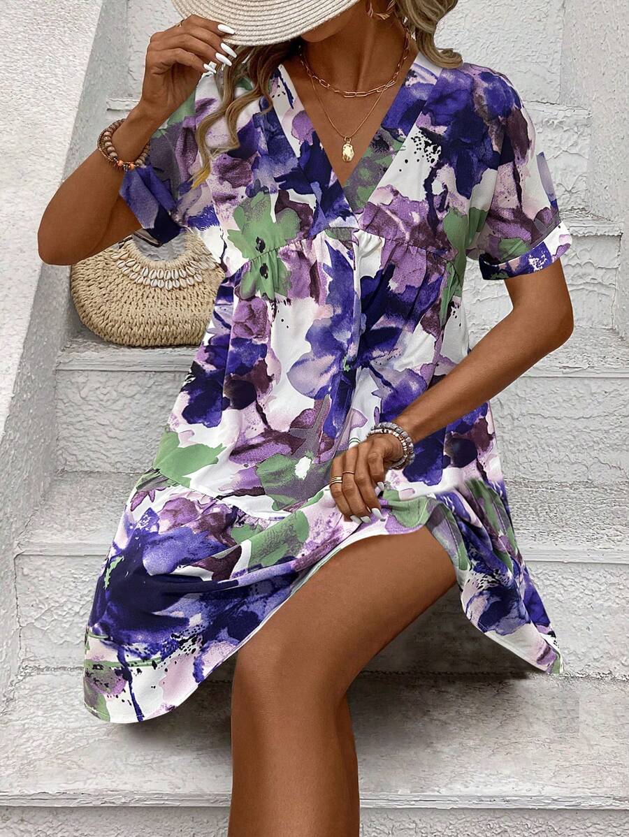 SHEIN LUNE Summer Floral Print Short Sleeve Vacation Dress - Multicolor - View 1
