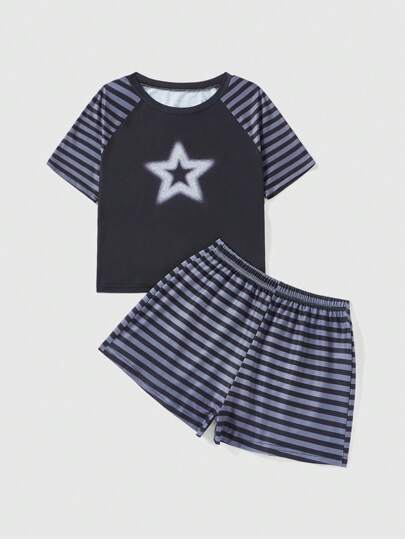Grunge Punk Sommer Dunkler Punk Stil Stern Streifen Einfügen Kurzarm Shorts Casual Pyjama Set