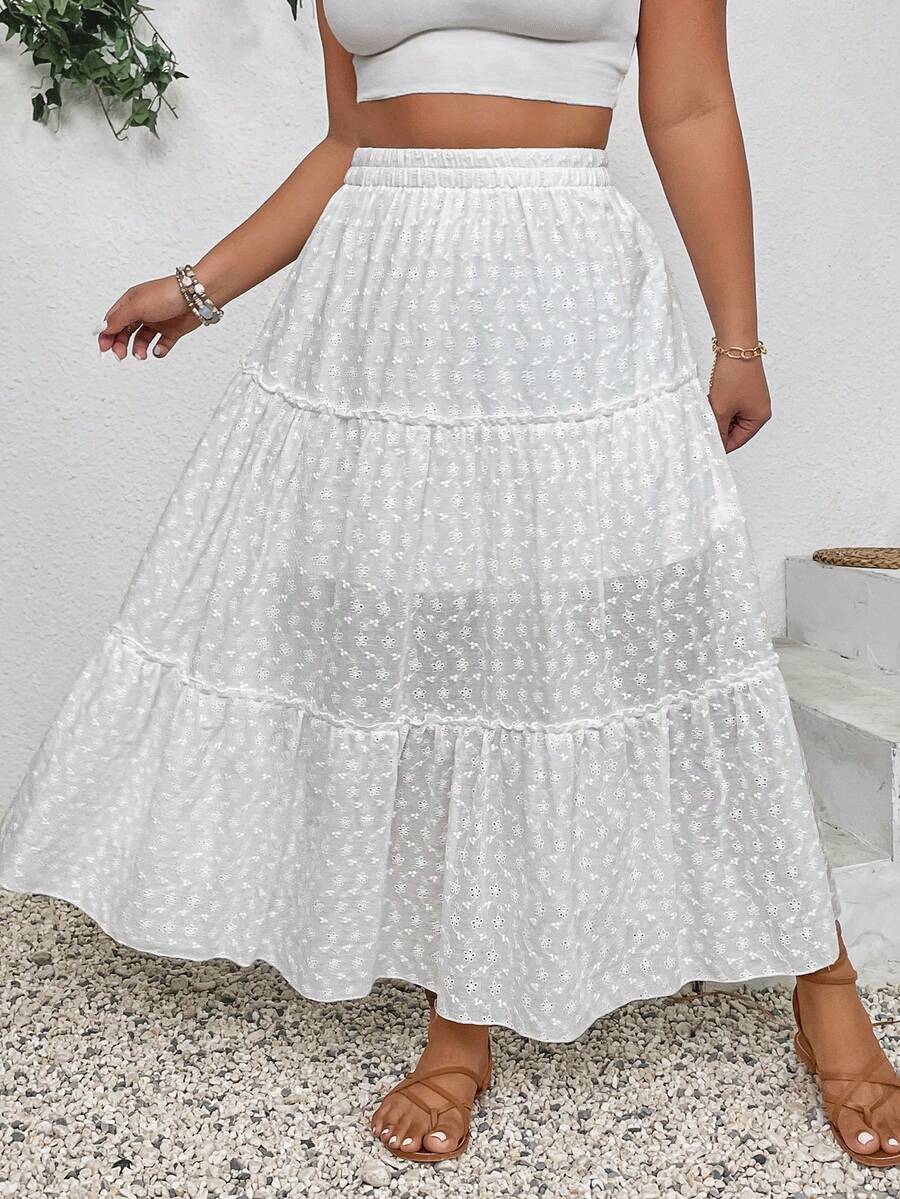 SHEIN SunnyBelle 大碼蕾絲拼接休閒裙，適用於春夏季節 - 白色 - 查看 1