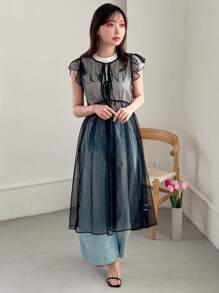 FRIFUL Designer 女士甜美设计感长袖透明网眼连衣裙太阳裙，休闲女装 - 黑色 - 查看 6