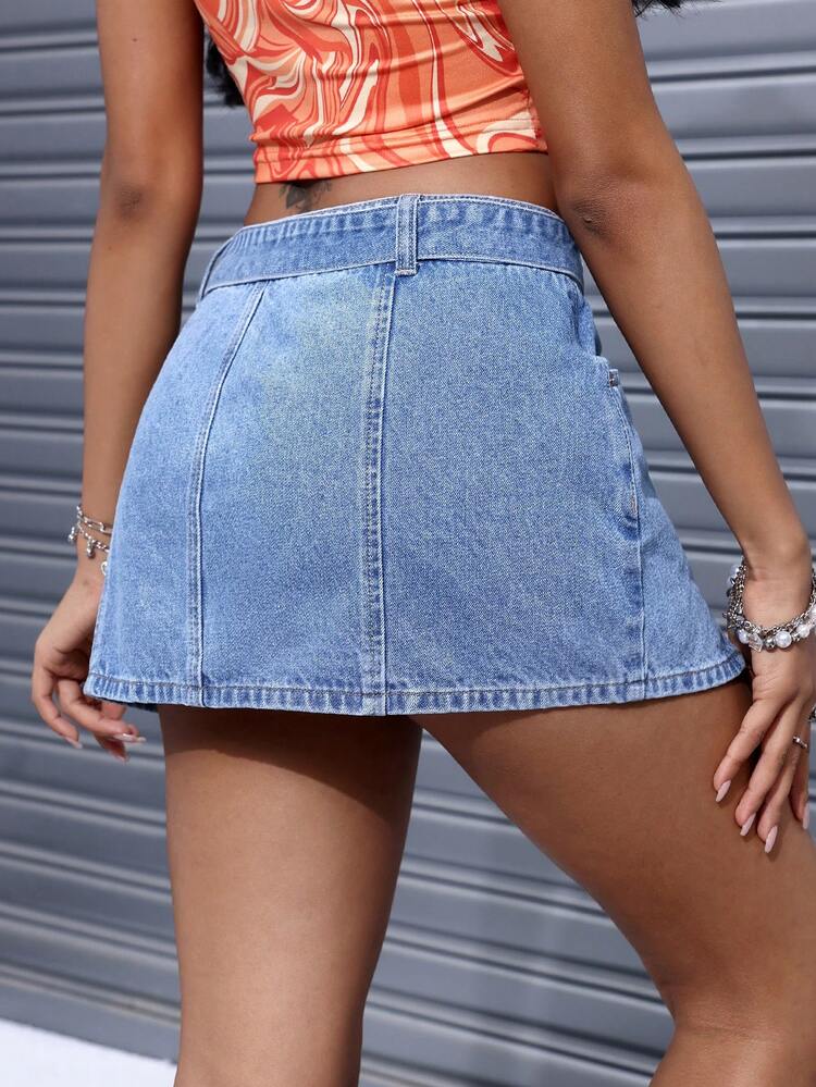 Women's Denim Split Hem Skirt With Pockets