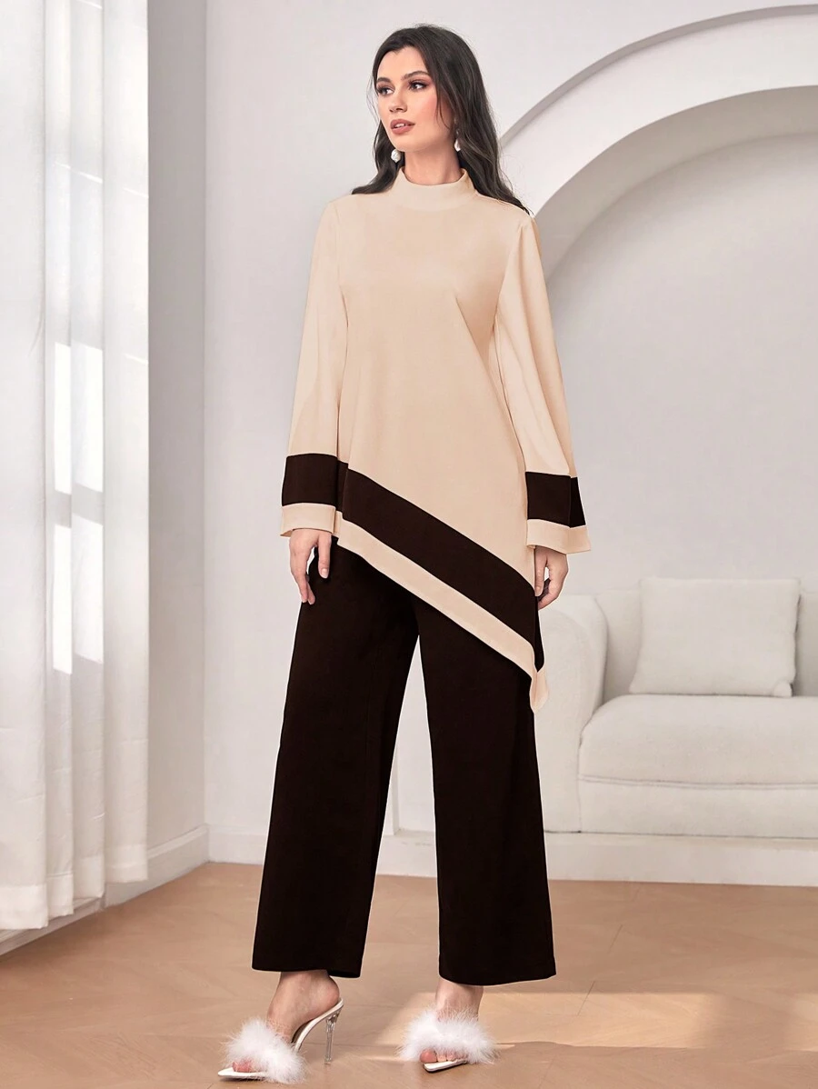 Modelyn Colorblock Asymmetrical Hem Top & Wide Leg Pants - Coffee Brown - View 1