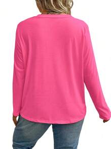 SHEIN LUNE Plus Size Women's Cerise Pink Solid Round Neck Loose Casual Long Sleeve T-Shirt,Autumn Vacation Minimalist Daily Commute Undershirt Top Fall - Hot Pink - View 2