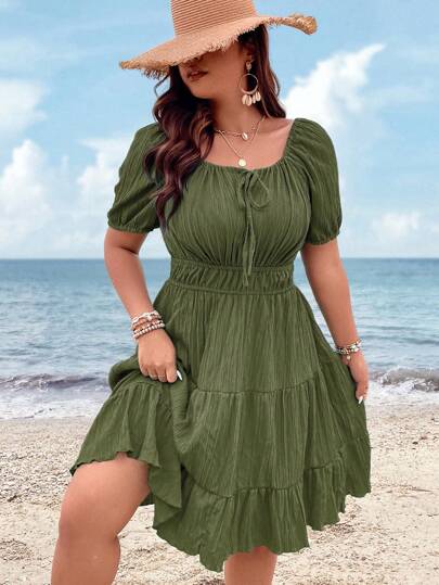 Breezaya Plus Size Summer Holiday Solid Textured Waist-Cinching Dress
