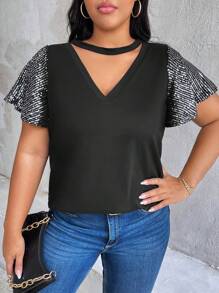 SHEIN LUNE Plus Size Women's Summer Sparkly Choker V-Neck Ruffle Short Sleeve T-Shirt With Sequin Detailing