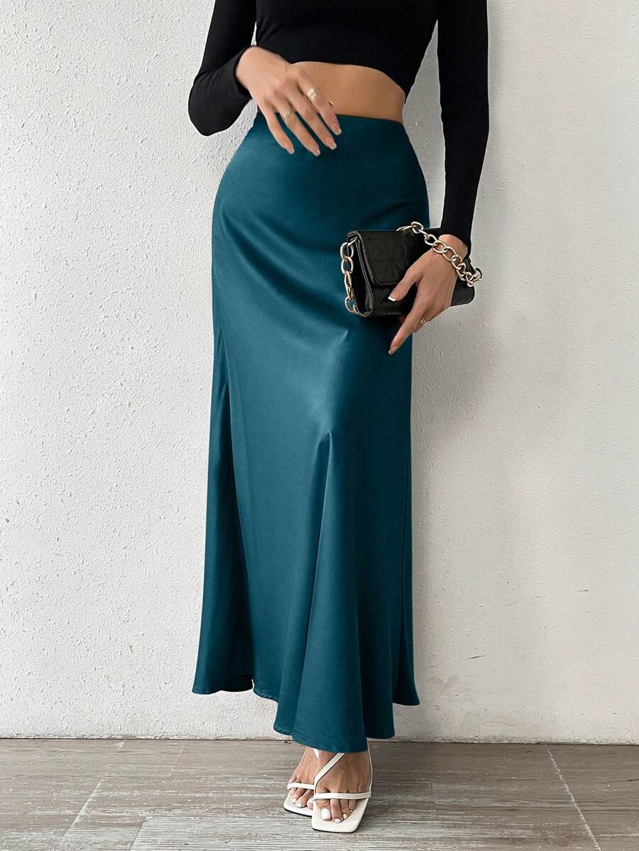 Chiquease Váy dài đuôi cá màu trơn thanh lịch cho nữ - Màu xanh ngọc - Xem 1