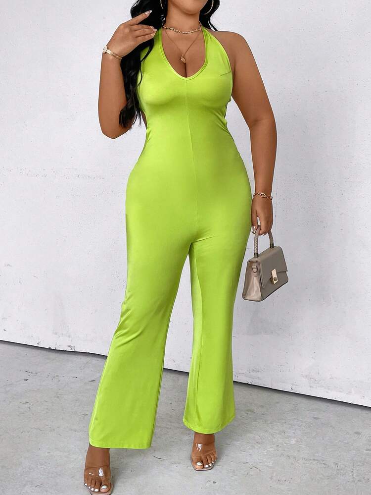 Plus Size Halter Neck Solid Color Sleeveless Jumpsuit With Backless Design