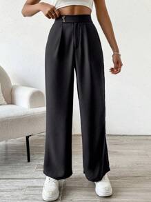 Flirla Ladies" Solid Color Simple Daily Office Suit Pants - Black - View 3