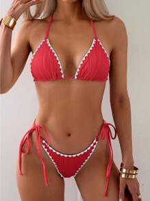 SHEIN Swim 女士度假露背連領帶染比基尼套裝，分體式下褲 - 紅色 - 查看 3