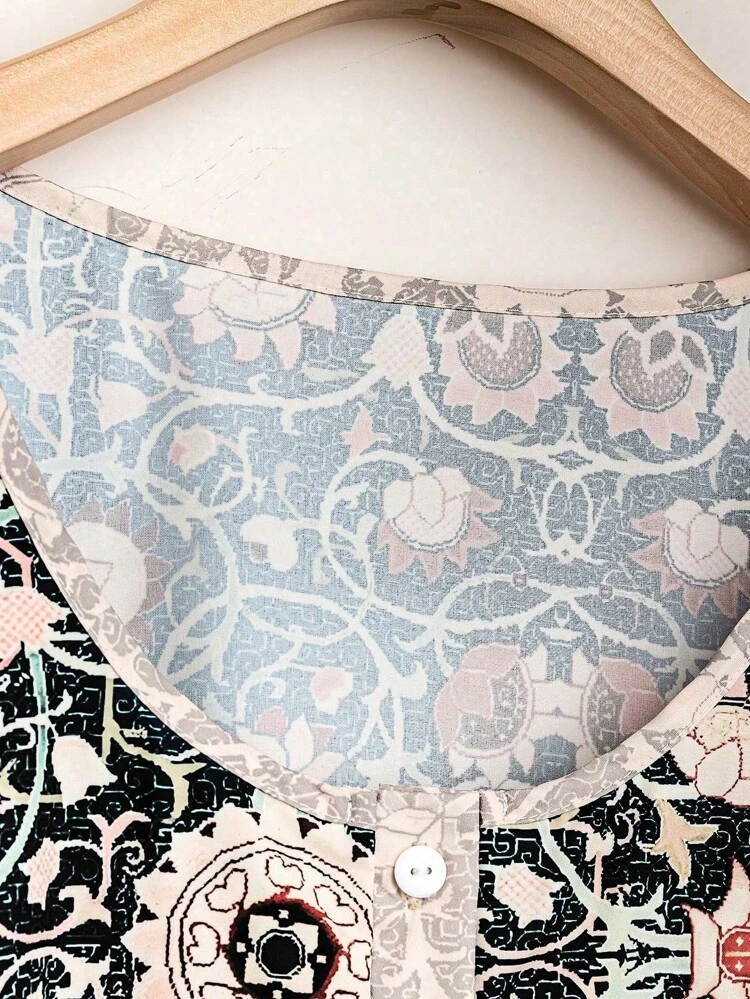 Plus Size Full Printed Button Half Placket Long Sleeve Blouse Fall Cloth For Women