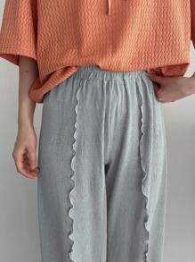 FRIFUL 女士时尚宽松舒适荷叶边阔腿裤 - 灰色 - 查看 4