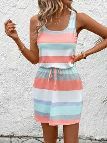 SHEIN LUNE Summer Round Neck Sleeveless Striped Colorful Printed Casual Beach Vacation Tank Dress With Waist Drawstring,Summer Dresses For Women