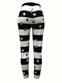 INAWLY 女士時尚黑白條紋運動長褲，星星印花設計 - 黑色 - 查看 2