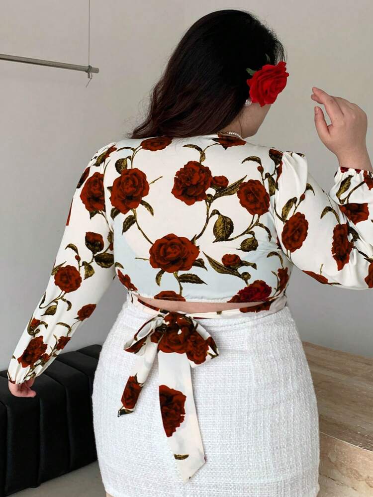 Dazy Plus Plus Size Elegant Short Sleeve Shirt With All Over Floral Print And Belt For Spring/Summer, Ruffle Long Sleeve Top Vacation Outfits Women Easter Boho