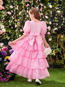 SHEIN Tween Girl's Square Neck Puff Sleeve Asymmetrical Ruffled Trim Tulle Dress - Pink - View 10