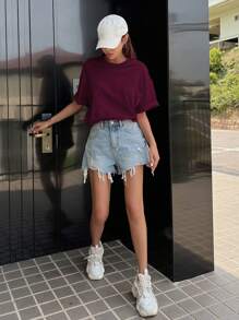 DAZY 心形镂空短袖T恤，休闲夏季风格印花宽松T恤，情人节款 - 酒紅色 - 查看 5