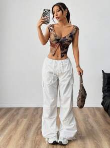 SHEIN EZwear 復古蝴蝶與縶染短款露脐t恤,適合夏季休閒穿著 - 棕色 - 查看 5