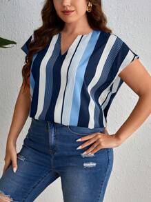 SHEIN Privé Plus Size Summer Striped Color Block Batwing Sleeve Blouse With V-Neck - Blue - View 4