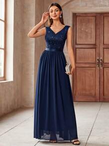 MIUSOL Elegant Navy Blue V-Neck Sleeveless Sequin Insert Floral Lace Chiffon Maxi A-Line Dress, Pleated Flowy Formal Gown For Evening Party, Wedding Guest, Prom - 藏蓝色 - 查看 5
