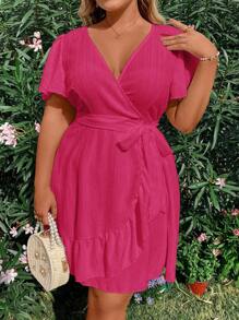 Flirla Plus Size Women's Summer Overlap V-Neck Ruffled Short Sleeve Dress Vacation Beach Outfit - Hot Pink - View 3