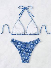 Swim Mod 夏季海灘花卉印花露肩比基尼套裝（2件），混合印花圖案 - 藍色 - 查看 2