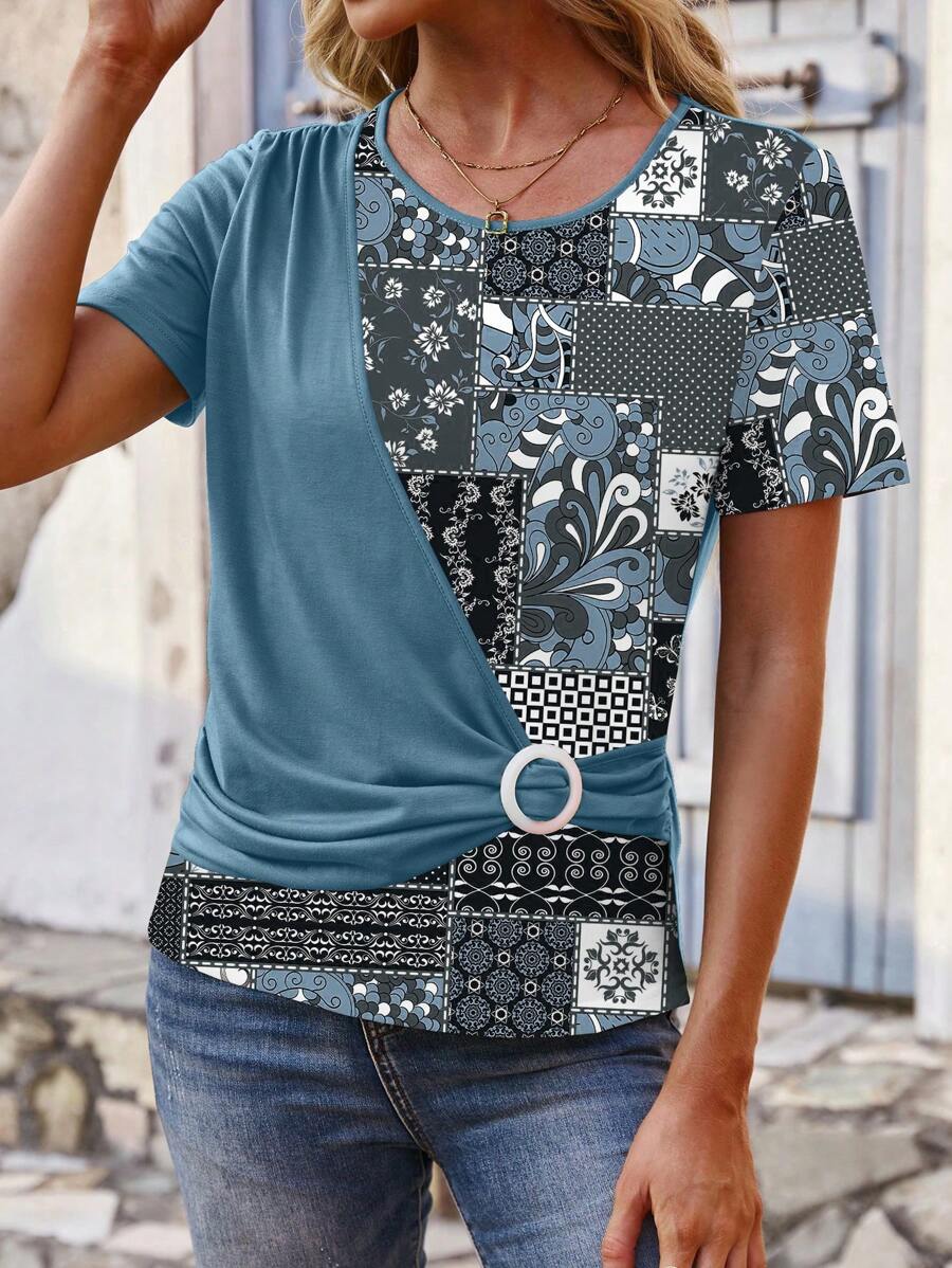 EMERY ROSE Patchwork Printed Round Neck Pleated Short Sleeve TShirt