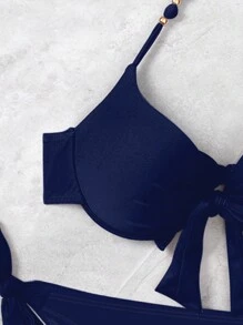 Swim Vcay Summer Beach Push Up Enhancing Wire Full Coverage Solid Two-Piece Bikini Set - Navy Blue - View 3