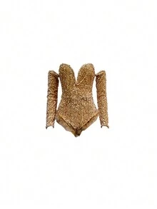 Women's Long Sleeve Sequin Embellished Feather Hem Slim Fit Jumpsuit, Suitable For Parties And Gatherings Wedding Spring Party - Gold - View 5