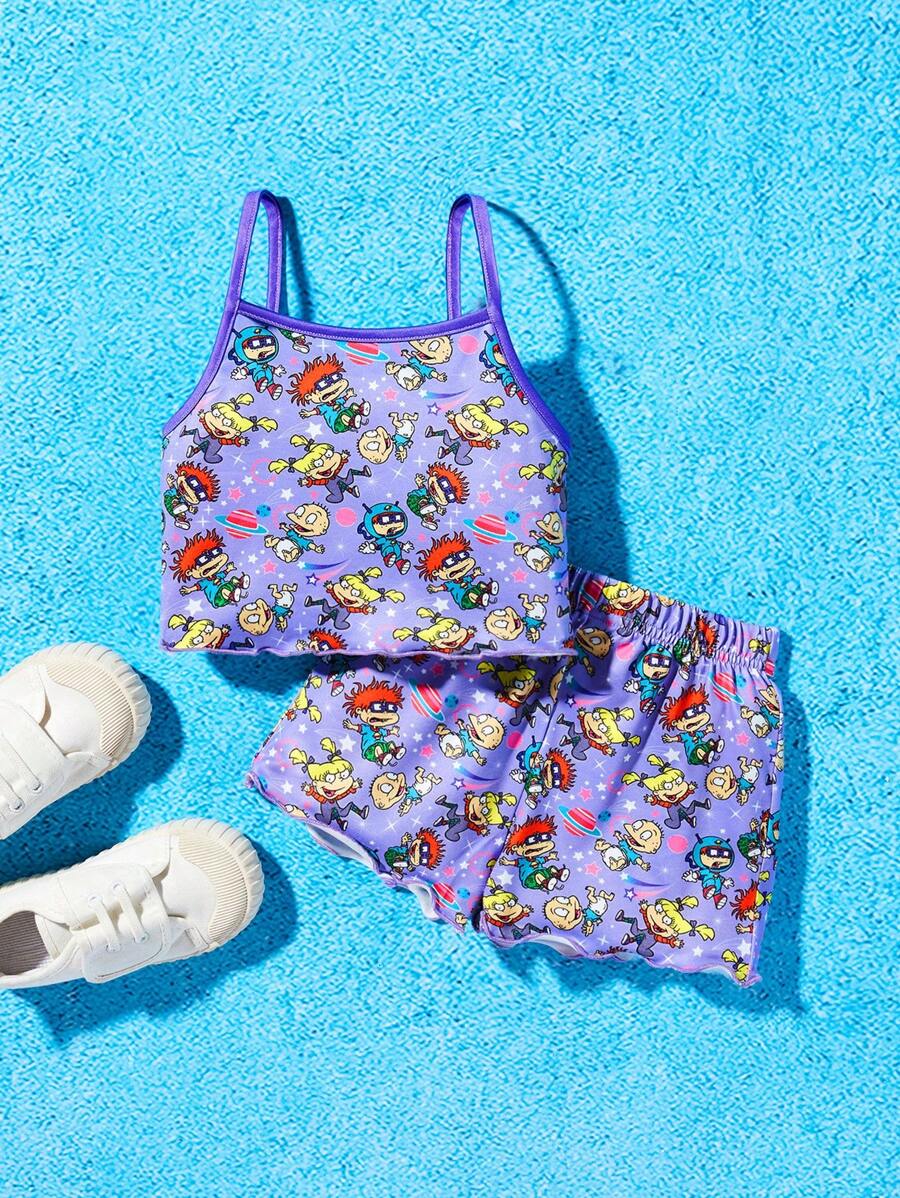 Nick 90s | SHEIN Young Girl Allover Cartoon Space Print Sling Pajama Two Piece Set - Purple - View 1