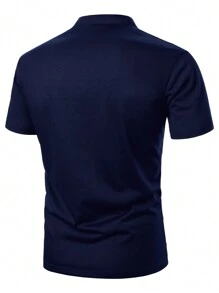 Manfinity Homme Men's Summer Short Sleeve Polo Shirt With Letter Embroidery And Stand Collar - Navy Blue - View 4