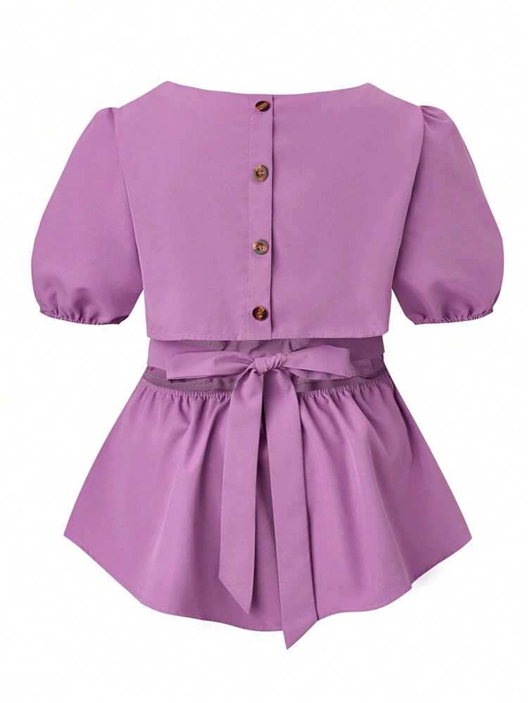 Plus Size Women's Summer Square Neck Short Puff Sleeve Waist Cinched Blouse