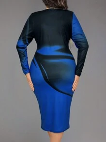 SHEIN LUNE 加大尺碼春季漸變長袖修身連衣裙,臀部包裝款式 - 藍色 - 查看 2