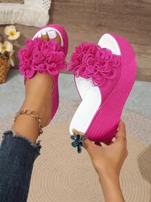 Women's Summer Floral Print Platform Wedge Sandals With Bright Colors,Travel Essential - Hot Pink - View 5