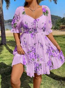 Flirla Plus Size Elegant Vacation Summer Boho Dress With Flower Print Vacation Beach Outfits Women - Mauve Purple - View 4